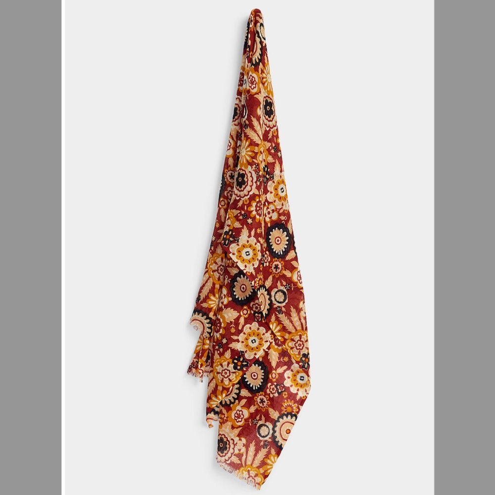Unisex burgundy and cream floral lightweight pure wool scarf NWT